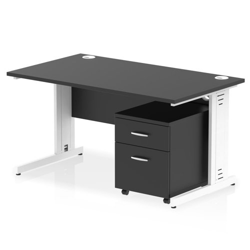Impulse 1400 x 800mm Straight Office Desk Black Top White Cable Managed Leg Workstation 2 Drawer Mobile Pedestal