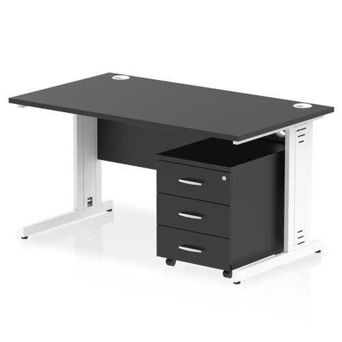 Impulse 1400 x 800mm Straight Office Desk Black Top White Cable Managed Leg Workstation 3 Drawer Mobile Pedestal