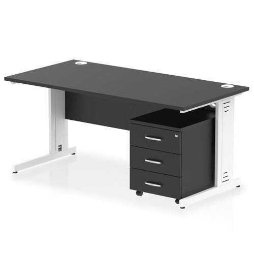Impulse 1600 x 800mm Straight Office Desk Black Top White Cable Managed Leg Workstation 3 Drawer Mobile Pedestal