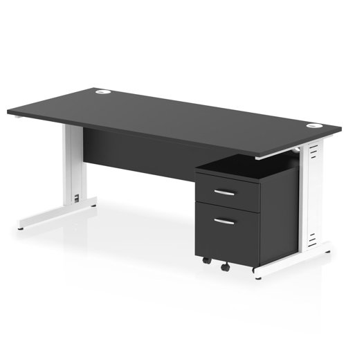 Impulse 1800 x 800mm Straight Office Desk Black Top White Cable Managed Leg Workstation 2 Drawer Mobile Pedestal