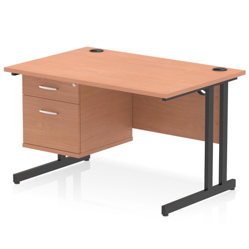 Impulse 1200 x 800mm Straight Office Desk Beech Top Black Cantilever Leg Workstation 1 x 2 Drawer Fixed Pedestal