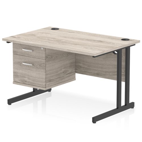 Impulse 1200 x 800mm Straight Office Desk Grey Oak Top Black Cantilever Leg Workstation 1 x 2 Drawer Fixed Pedestal