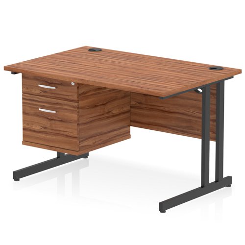 Impulse 1200 x 800mm Straight Office Desk Walnut Top Black Cantilever Leg Workstation 1 x 2 Drawer Fixed Pedestal