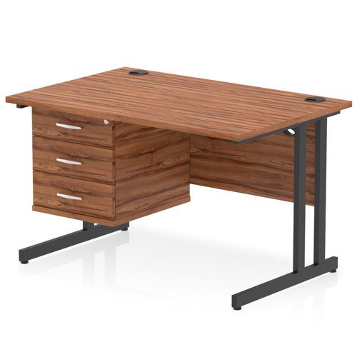 Impulse 1200 x 800mm Straight Office Desk Walnut Top Black Cantilever Leg Workstation 1 x 3 Drawer Fixed Pedestal