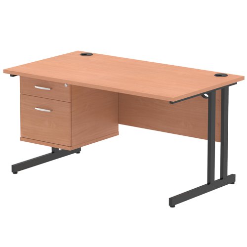 Impulse 1400 x 800mm Straight Office Desk Beech Top Black Cantilever Leg Workstation 1 x 2 Drawer Fixed Pedestal