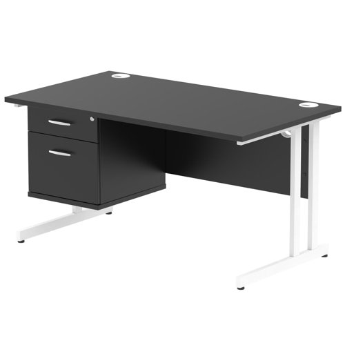 Impulse 1400 x 800mm Straight Office Desk Black Top White Cantilever Leg Workstation 1 x 2 Drawer Fixed Pedestal