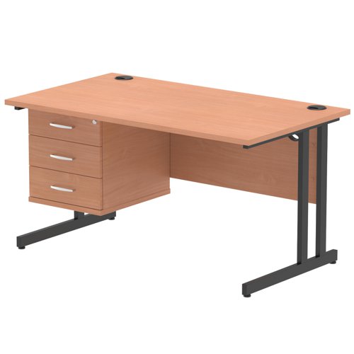 Impulse 1400 x 800mm Straight Office Desk Beech Top Black Cantilever Leg Workstation 1 x 3 Drawer Fixed Pedestal