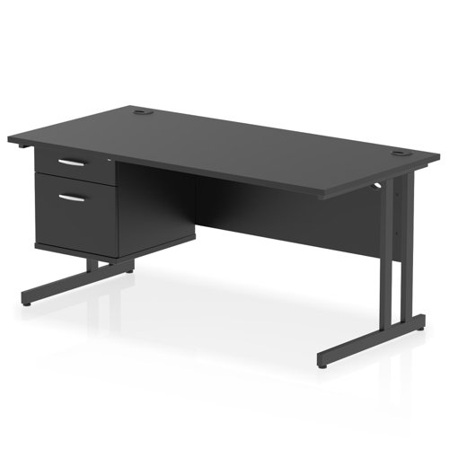 Impulse 1600 x 800mm Straight Office Desk Black Top Black Cantilever Leg Workstation 1 x 2 Drawer Fixed Pedestal