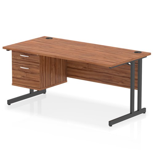 Impulse 1600 x 800mm Straight Office Desk Walnut Top Black Cantilever Leg Workstation 1 x 2 Drawer Fixed Pedestal