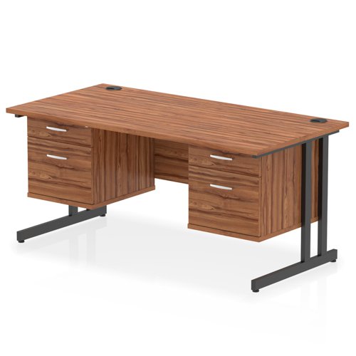Impulse 1600 x 800mm Straight Office Desk Walnut Top Black Cantilever Leg Workstation 2 x 2 Drawer Fixed Pedestal