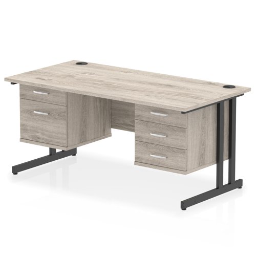 Impulse 1600 x 800mm Straight Office Desk Grey Oak Top Black Cantilever Leg Workstation 1 x 2 Drawer 1 x 3 Drawer Fixed Pedestal
