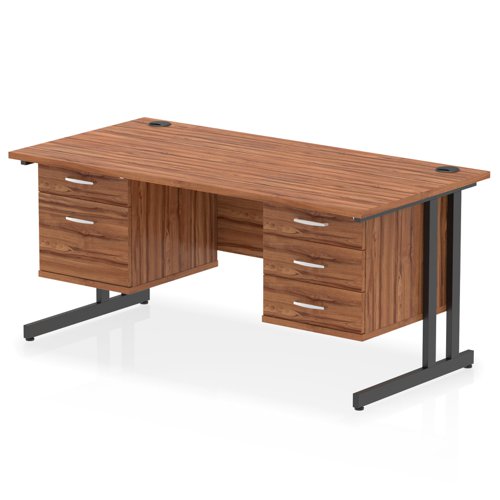 Impulse 1600 x 800mm Straight Office Desk Walnut Top Black Cantilever Leg Workstation 1 x 2 Drawer 1 x 3 Drawer Fixed Pedestal