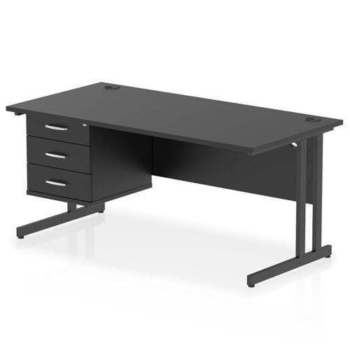 Impulse 1600 x 800mm Straight Office Desk Black Top Black Cantilever Leg Workstation 1 x 3 Drawer Fixed Pedestal