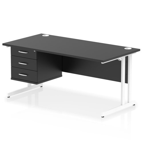 Impulse 1600 x 800mm Straight Office Desk Black Top White Cantilever Leg Workstation 1 x 3 Drawer Fixed Pedestal