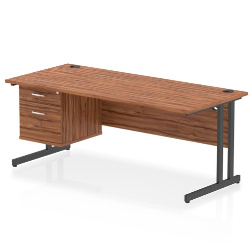 Impulse 1800 x 800mm Straight Office Desk Walnut Top Black Cantilever Leg Workstation 1 x 2 Drawer Fixed Pedestal
