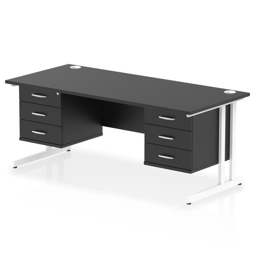 Impulse 1800 x 800mm Straight Office Desk Black Top White Cantilever Leg Workstation 2 x 3 Drawer Fixed Pedestal