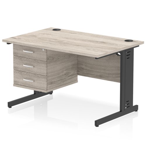 Impulse 1200 x 800mm Straight Office Desk Grey Oak Top Black Cable Managed Leg Workstation 1 x 3 Drawer Fixed Pedestal