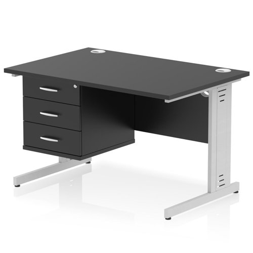 Impulse 1200 x 800mm Straight Office Desk Black Top Silver Cable Managed Leg Workstation 1 x 3 Drawer Fixed Pedestal