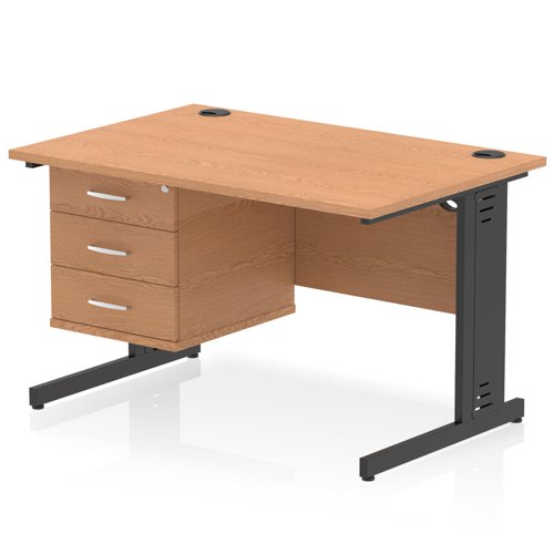 Impulse 1200 x 800mm Straight Office Desk Oak Top Black Cable Managed Leg Workstation 1 x 3 Drawer Fixed Pedestal