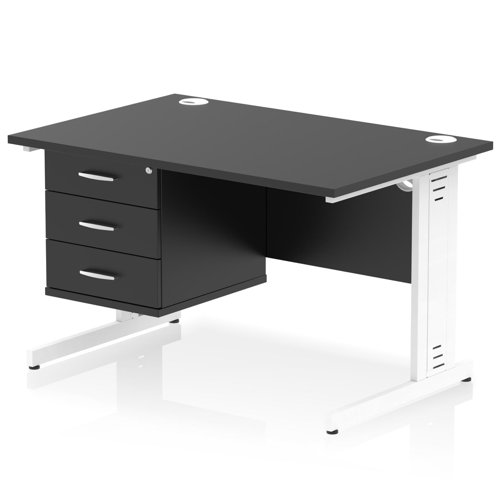 Impulse 1200 x 800mm Straight Office Desk Black Top White Cable Managed Leg Workstation 1 x 3 Drawer Fixed Pedestal