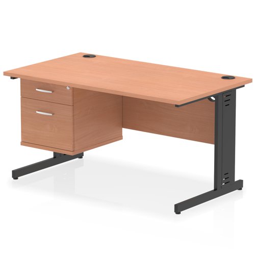 Impulse 1400 x 800mm Straight Office Desk Beech Top Black Cable Managed Leg Workstation 1 x 2 Drawer Fixed Pedestal