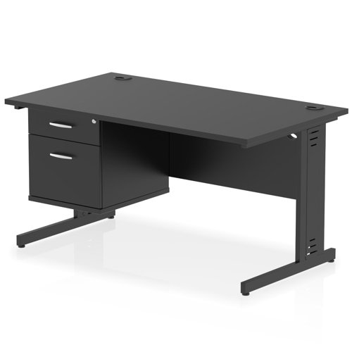 Impulse 1400 x 800mm Straight Office Desk Black Top Black Cable Managed Leg Workstation 1 x 2 Drawer Fixed Pedestal