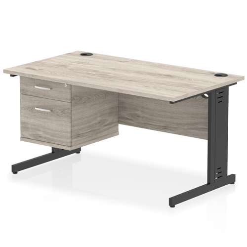 Impulse 1400 x 800mm Straight Office Desk Grey Oak Top Black Cable Managed Leg Workstation 1 x 2 Drawer Fixed Pedestal