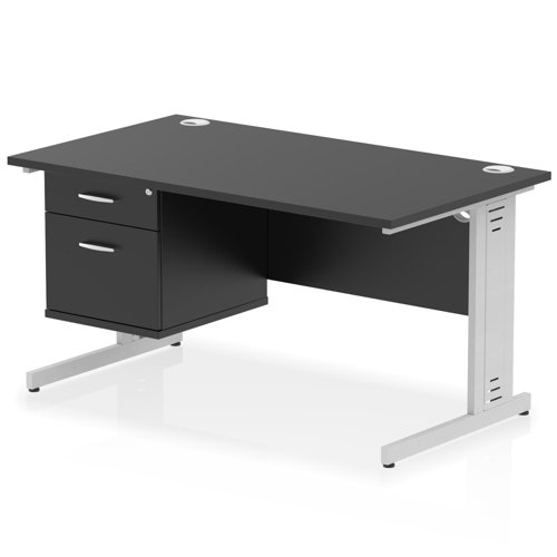 Impulse 1400 x 800mm Straight Office Desk Black Top Silver Cable Managed Leg Workstation 1 x 2 Drawer Fixed Pedestal