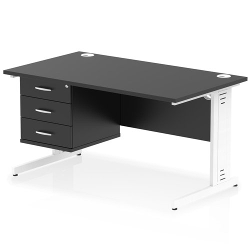 Impulse 1400 x 800mm Straight Office Desk Black Top White Cable Managed Leg Workstation 1 x 3 Drawer Fixed Pedestal