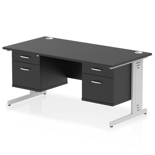 Impulse 1600 x 800mm Straight Office Desk Black Top Silver Cable Managed Leg Workstation 2 x 2 Drawer Fixed Pedestal