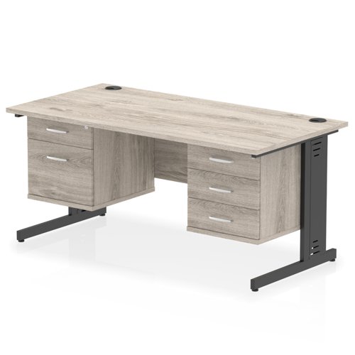 Impulse 1600 x 800mm Straight Office Desk Grey Oak Top Black Cable Managed Leg Workstation 1 x 2 Drawer 1 x 3 Drawer Fixed Pedestal