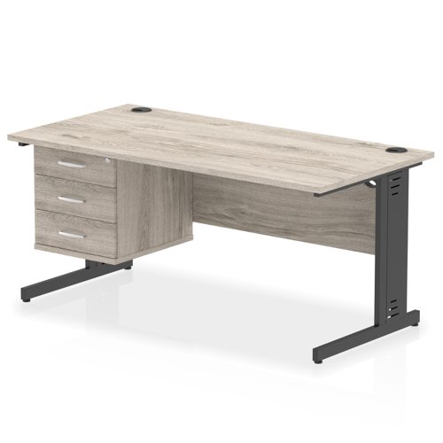 Impulse 1600 x 800mm Straight Office Desk Grey Oak Top Black Cable Managed Leg Workstation 1 x 3 Drawer Fixed Pedestal