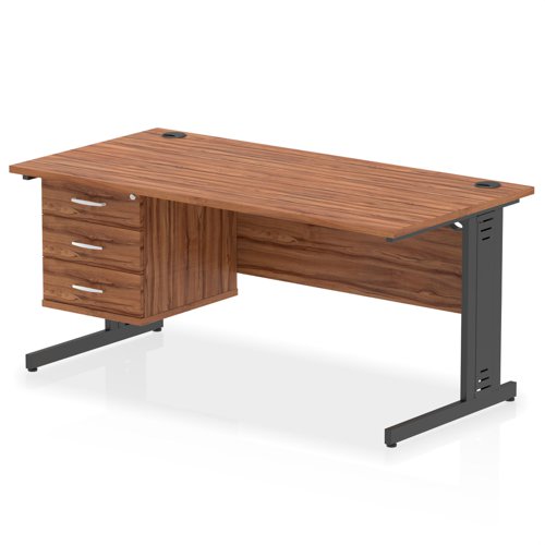 Impulse 1600 x 800mm Straight Office Desk Walnut Top Black Cable Managed Leg Workstation 1 x 3 Drawer Fixed Pedestal