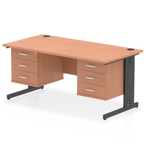 Impulse 1600 x 800mm Straight Office Desk Beech Top Black Cable Managed Leg Workstation 2 x 3 Drawer Fixed Pedestal