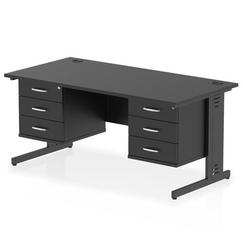 Impulse 1600 x 800mm Straight Office Desk Black Top Black Cable Managed Leg Workstation 2 x 3 Drawer Fixed Pedestal