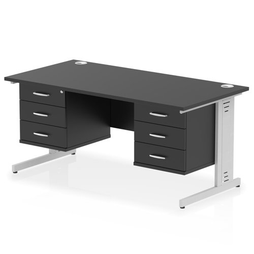 Impulse 1600 x 800mm Straight Office Desk Black Top Silver Cable Managed Leg Workstation 2 x 3 Drawer Fixed Pedestal