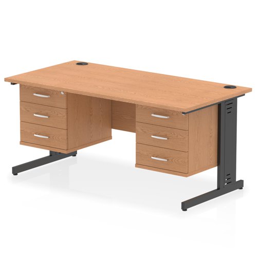 Impulse 1600 x 800mm Straight Office Desk Oak Top Black Cable Managed Leg Workstation 2 x 3 Drawer Fixed Pedestal