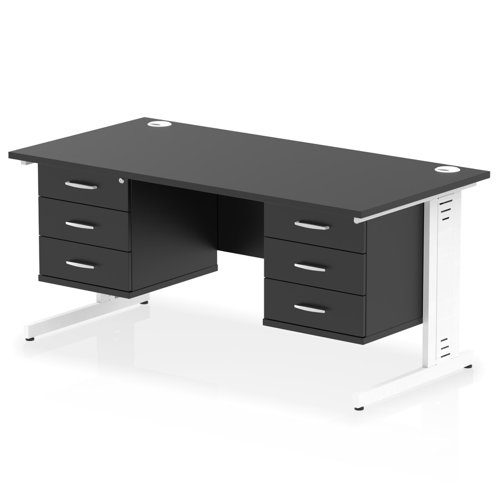 Impulse 1600 x 800mm Straight Office Desk Black Top White Cable Managed Leg Workstation 2 x 3 Drawer Fixed Pedestal