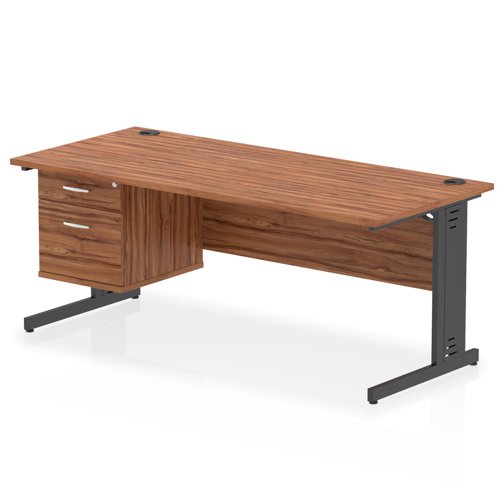 Impulse 1800 x 800mm Straight Office Desk Walnut Top Black Cable Managed Leg Workstation 1 x 2 Drawer Fixed Pedestal