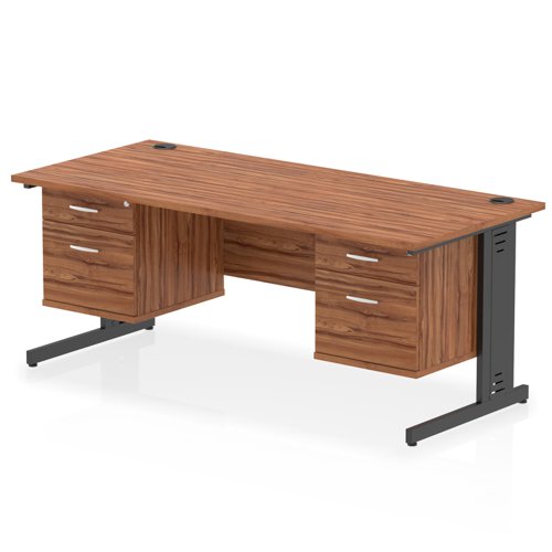 Impulse 1800 x 800mm Straight Office Desk Walnut Top Black Cable Managed Leg Workstation 2 x 2 Drawer Fixed Pedestal