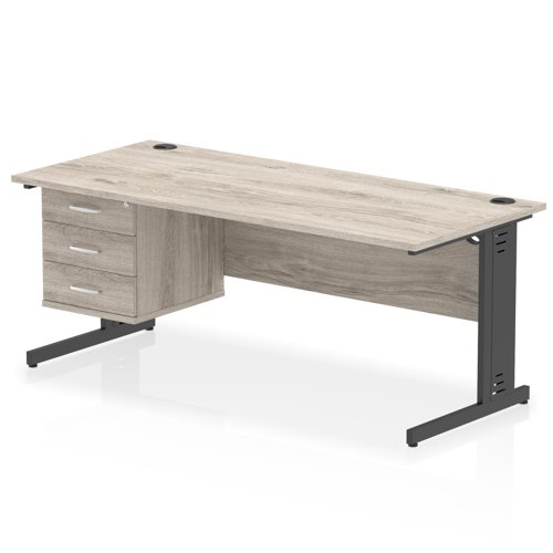 Impulse 1800 x 800mm Straight Office Desk Grey Oak Top Black Cable Managed Leg Workstation 1 x 3 Drawer Fixed Pedestal