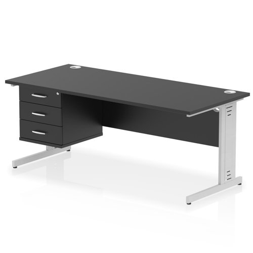 Impulse 1800 x 800mm Straight Office Desk Black Top Silver Cable Managed Leg Workstation 1 x 3 Drawer Fixed Pedestal