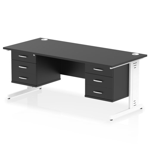 Impulse 1800 x 800mm Straight Office Desk Black Top White Cable Managed Leg Workstation 2 x 3 Drawer Fixed Pedestal