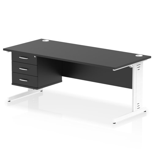 Impulse 1800 x 800mm Straight Office Desk Black Top White Cable Managed Leg Workstation 1 x 3 Drawer Fixed Pedestal