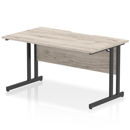 Impulse 1400 x 800mm Scalloped Edge Straight Office Desk Grey Oak Top Black Cantilever Leg