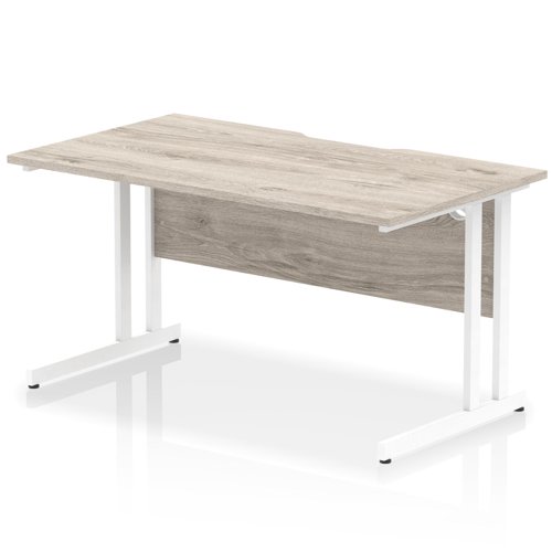 Impulse 1400 x 800mm Scalloped Edge Straight Office Desk Grey Oak Top White Cantilever Leg