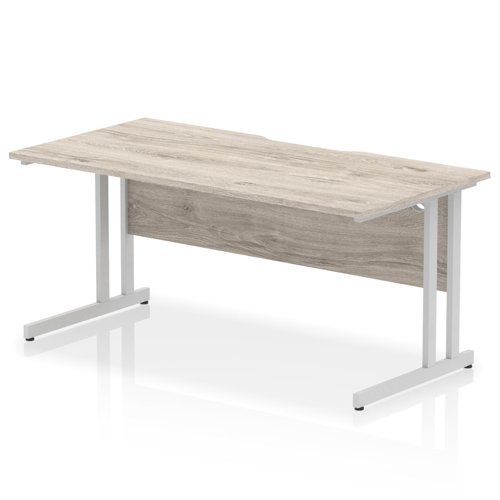 Impulse 1600 x 800mm Scalloped Edge Straight Office Desk Grey Oak Top Silver Cantilever Leg
