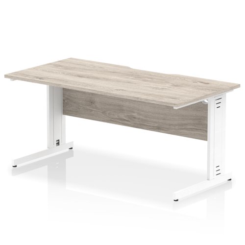 Impulse 1600 x 800mm Scalloped Edge Straight Office Desk Grey Oak Top White Cable Managed Leg