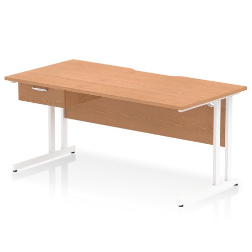 Impulse 1600 x 800mm Scalloped Edge Straight Office Desk Oak Top White Cantilever Leg Workstation 1 x 1 Drawer Fixed Pedestal