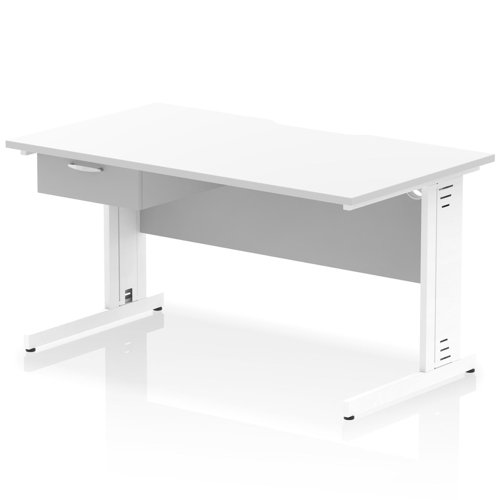 Impulse 1400 x 800mm Scalloped Edge Straight Office Desk White Top White Cable Managed Leg Workstation 1 x 1 Drawer Fixed Pedestal